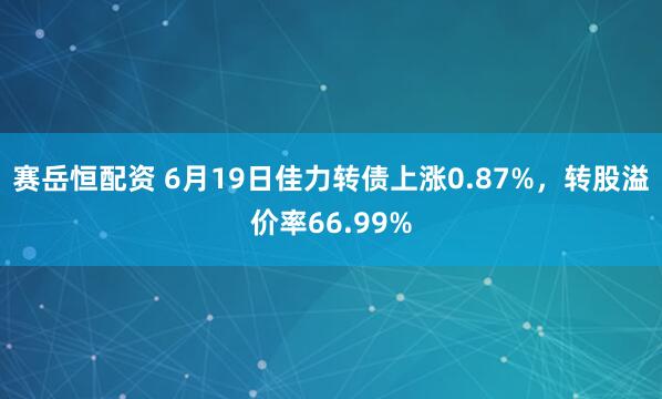 赛岳恒配资 6月19日佳力转债上涨0.87%，转股溢价率66.99%